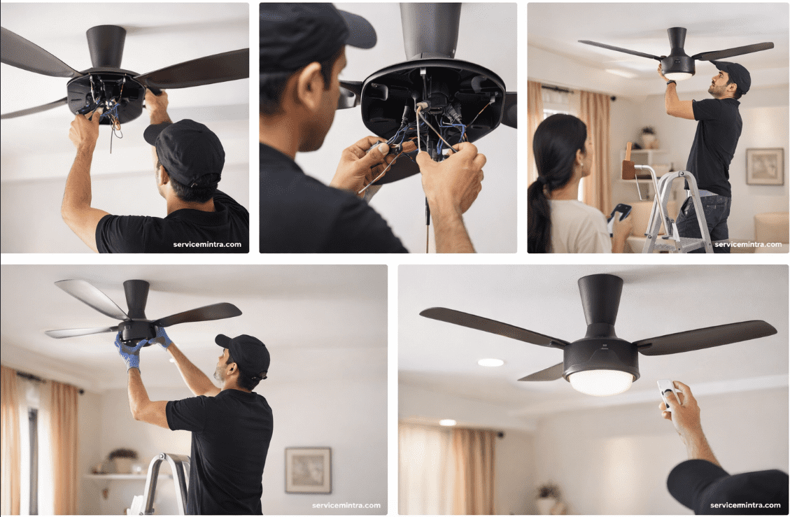 “Electrician installing ceiling fan at home”