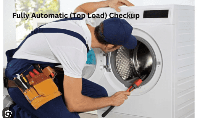 technician checking automatic top load washing machine for issues at home