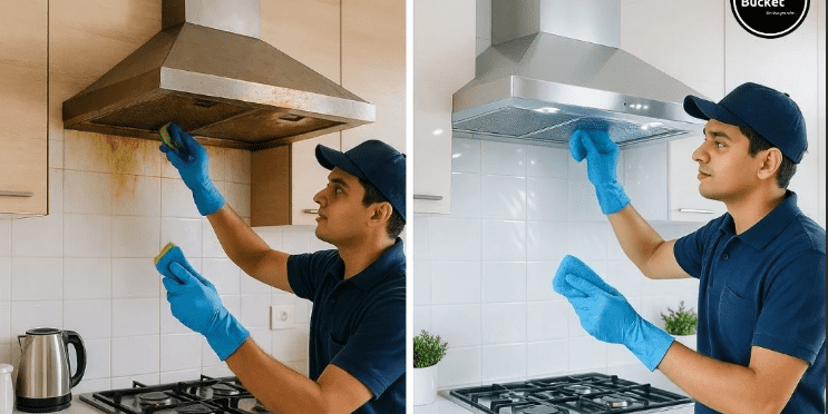 kitchen chimney basic cleaning service technician cleaning chimney filters and surface