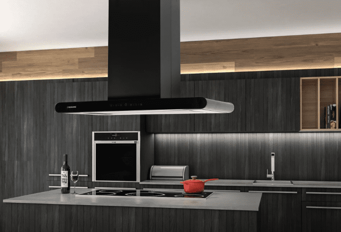 island chimney installation service technician installing ceiling mounted kitchen chimney