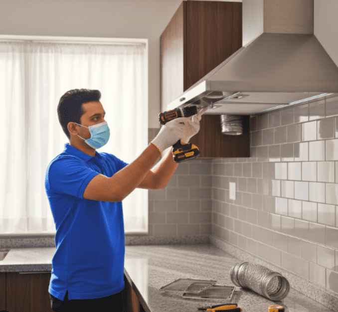 Chimney Uninstallation Service kitchen chimney uninstallation service technician removing chimney from wall safely