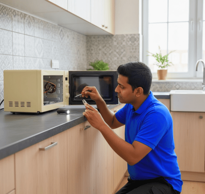 microwave oven check-up service technician inspecting microwave for faults