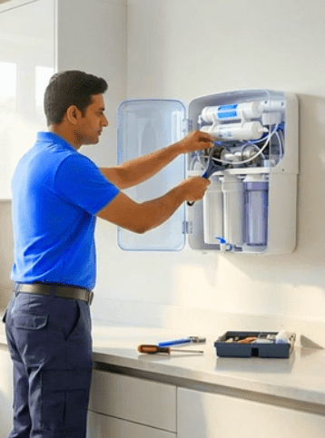 Water Purifier Uninstallation Service water purifier uninstallation technician removing RO system from wall safely